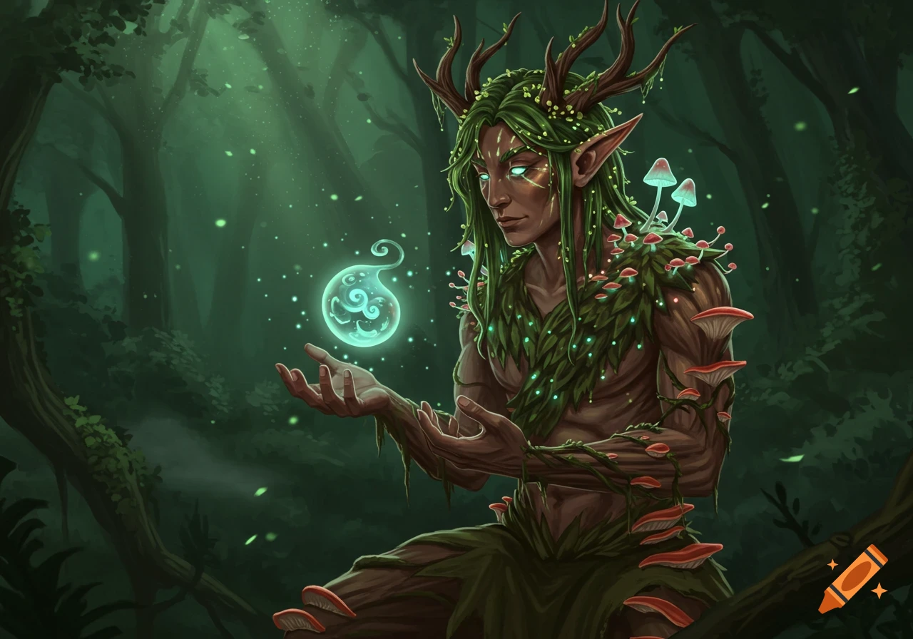 A male half-elf spore druid with antlers and mushrooms, holding a glowing magical orb in a dark forest.