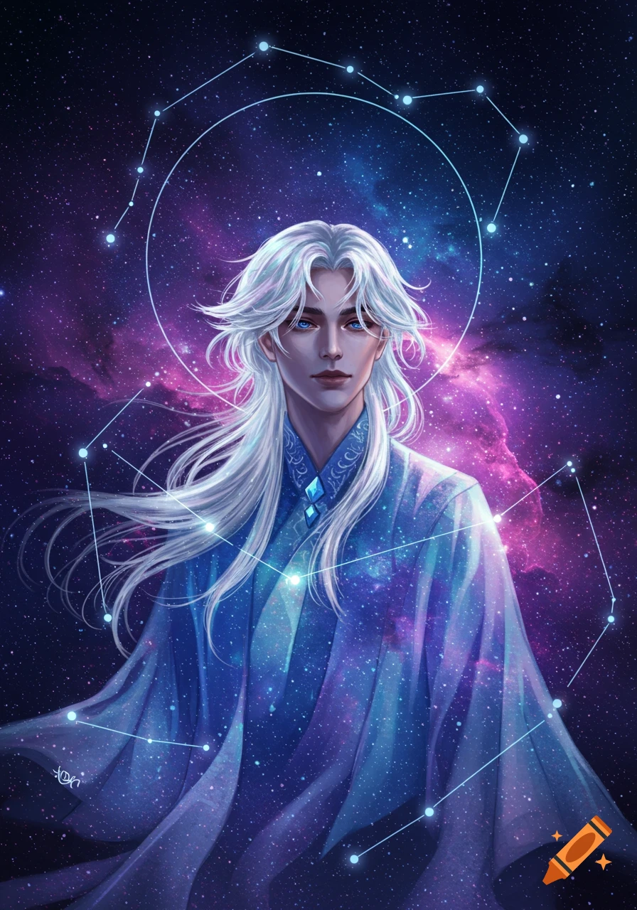A male figure with long white hair and blue eyes, wearing a blue cosmic-patterned robe, stands against a vibrant galaxy background with constellations.