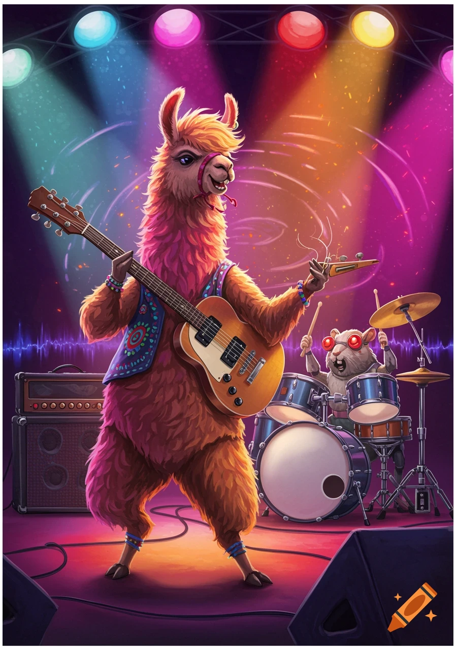 A cartoon llama plays an electric guitar while a mechanical gerbil plays drums with celery sticks on a colorful stage with spotlights.