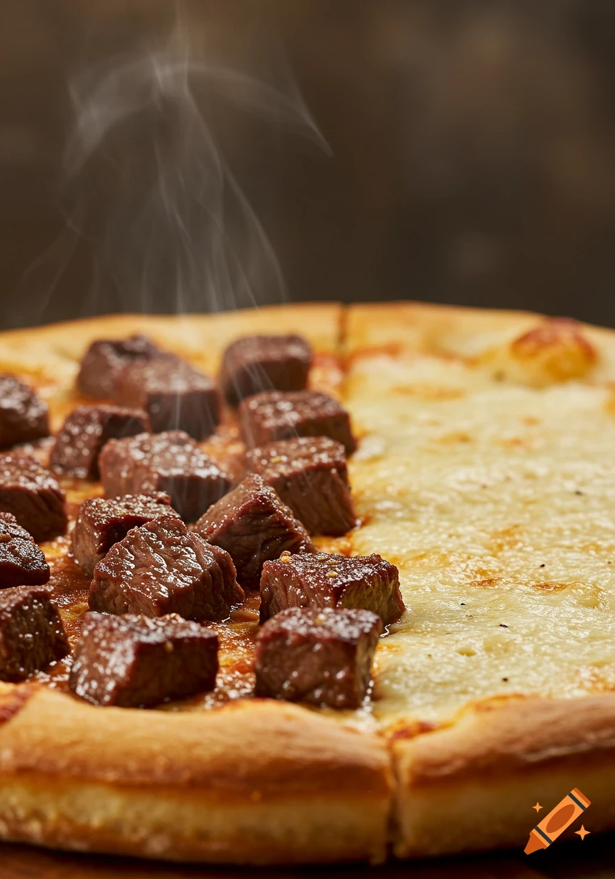 A close-up, photorealistic image of a steaming pizza with beef pieces on the left side and plain cheese on the right.