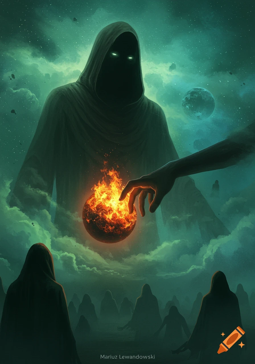 A surreal painting of a giant hooded figure reaching for a fiery planet in space, surrounded by smaller hooded figures and green-blue clouds.