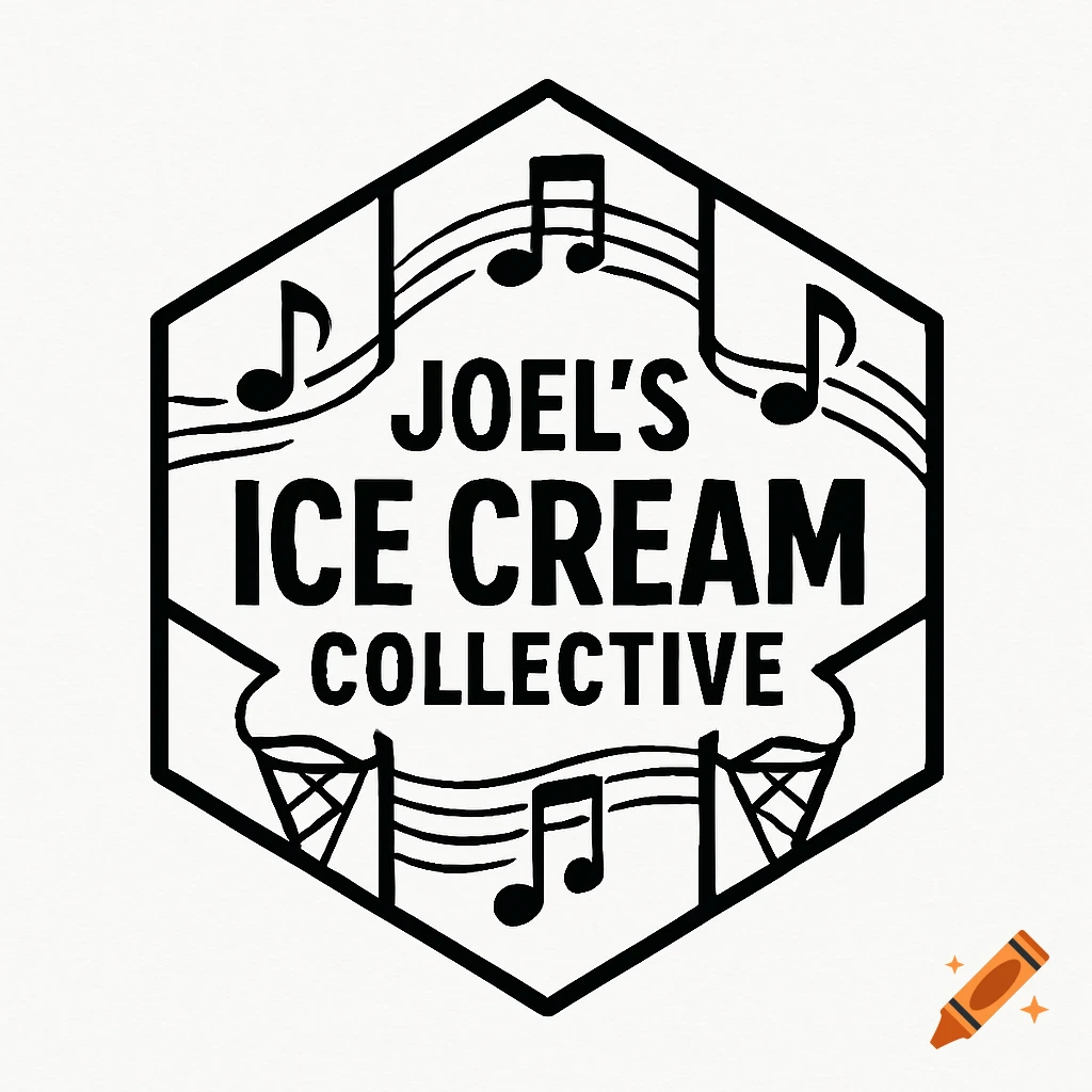 A black and white hexagonal logo for 'Joel's Ice Cream Collective' with musical notes and ice cream cones.