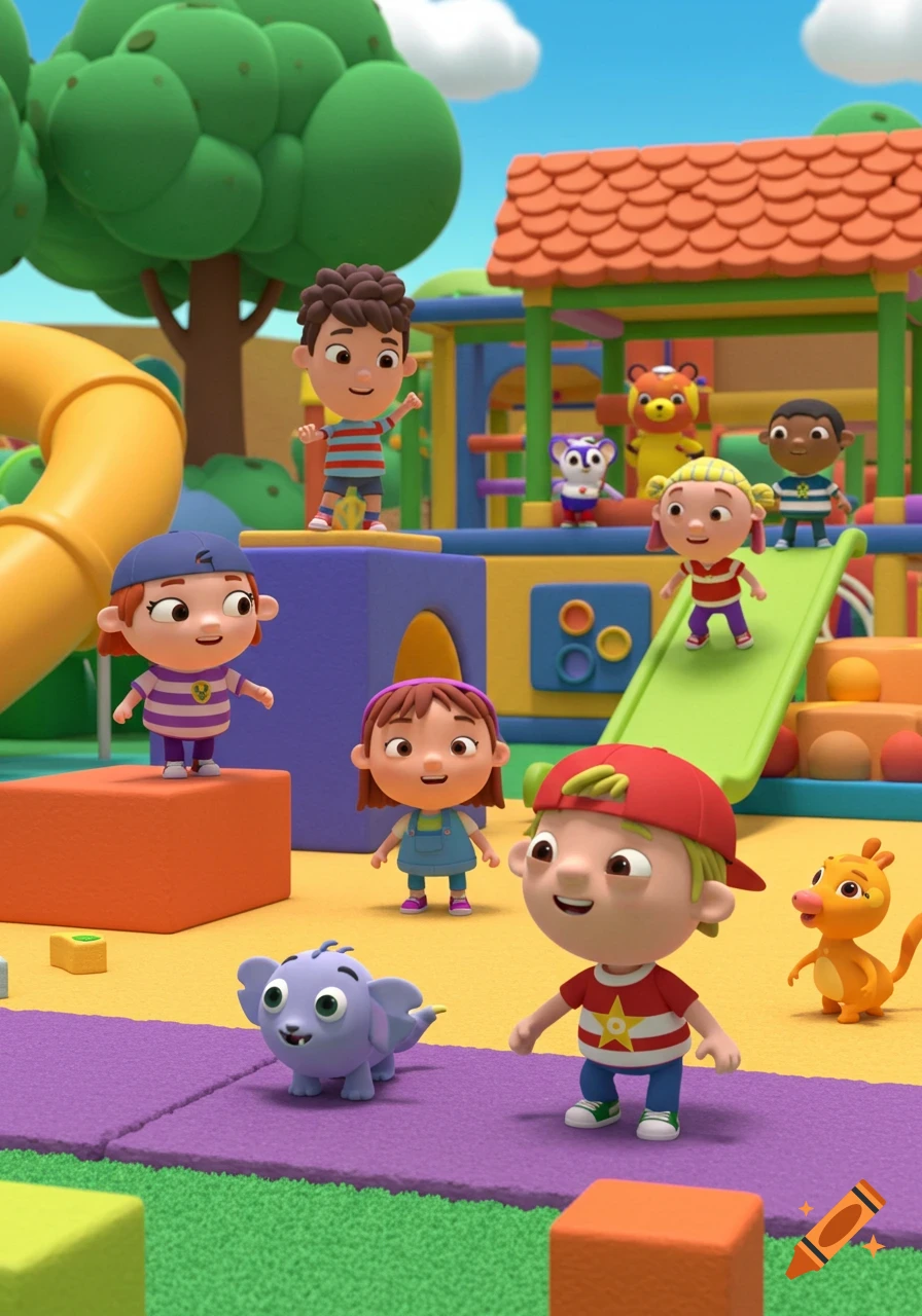 Cartoon children and animals play on a bright, colorful playground with slides and climbing structures in a cheerful 3D animated style.