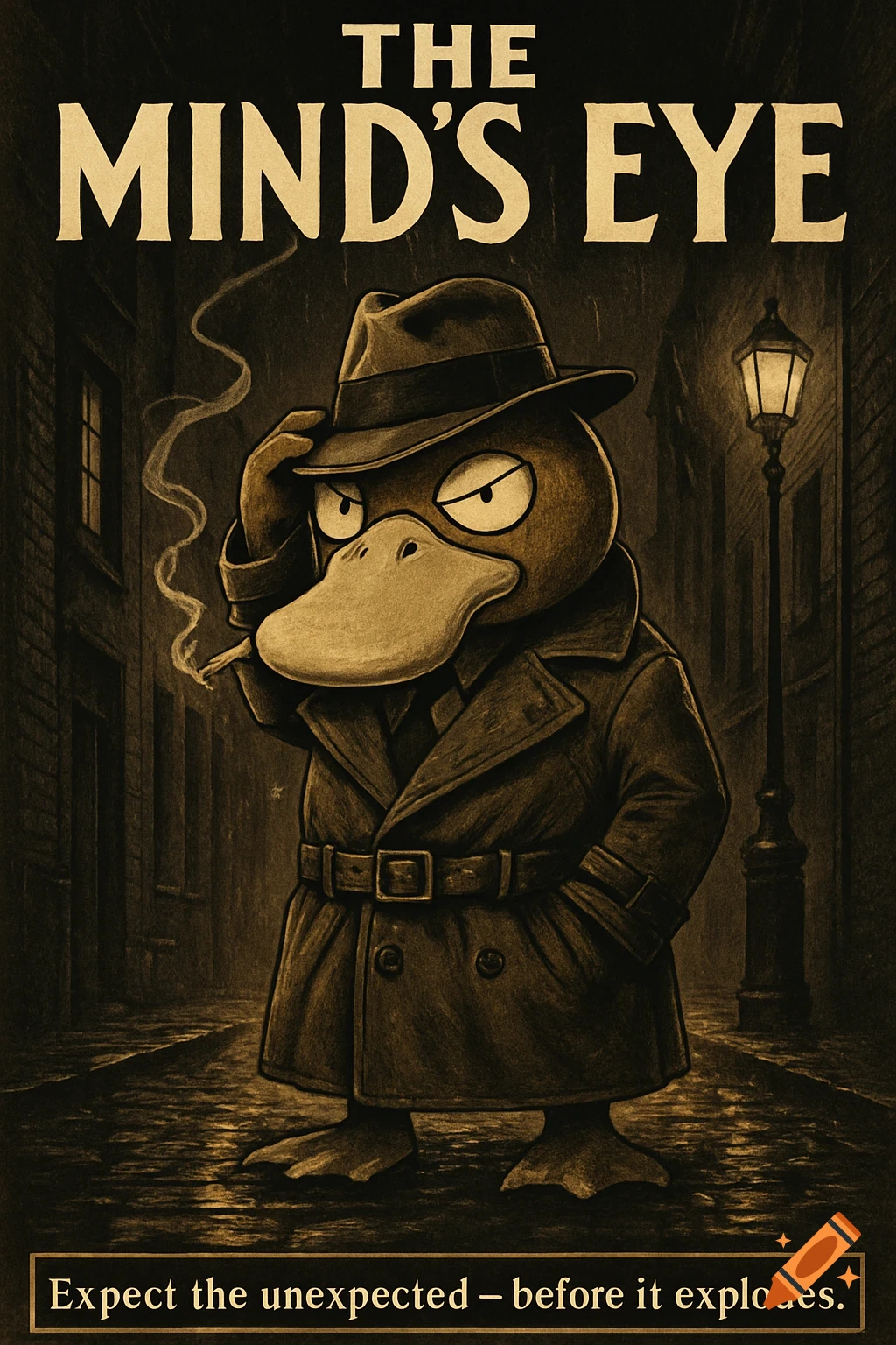 A sepia-toned noir poster featuring Psyduck as a detective in a trenchcoat and fedora, smoking a cigarette in a rainy alley. Text reads "THE MIND'S EYE" and "Expect the unexpected \u2013 before it explodes."