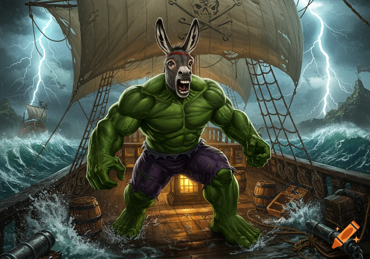A muscular green Hulk-like figure with a donkey head stands on a stormy pirate ship, lightning striking in the background.