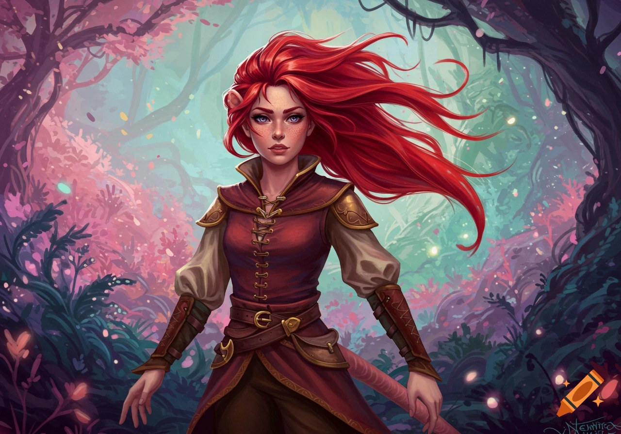 A red-haired fantasy elf woman with pointy ears in a flowing red and brown outfit stands in a vibrant, magical forest.
