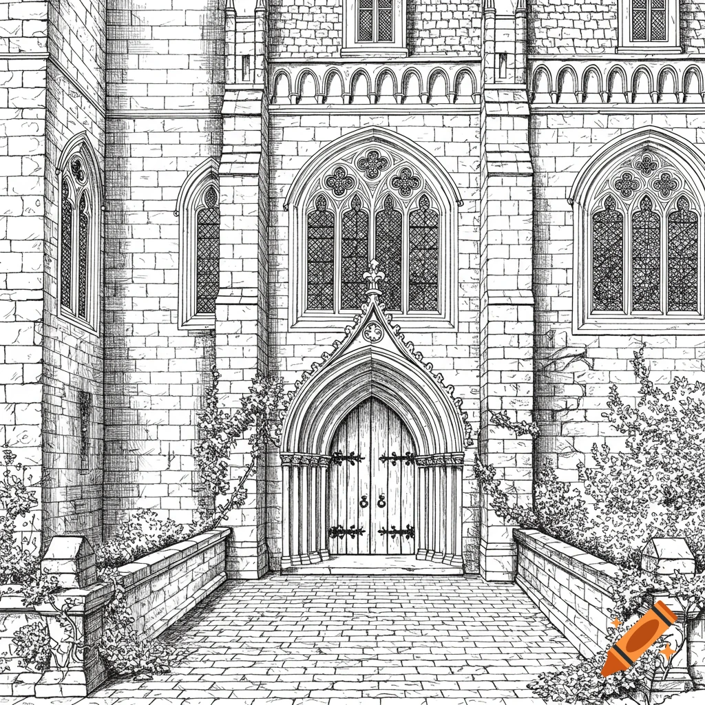 Black and white line art illustration of the detailed stone facade of a medieval building with arched windows and a large wooden door.