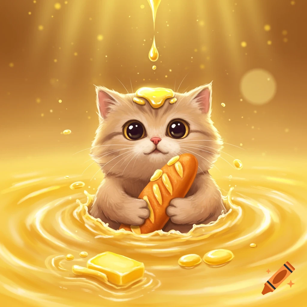 A cute fluffy cat with large eyes holding a baguette while sitting in a pool of melted golden butter, with splashes and drips.