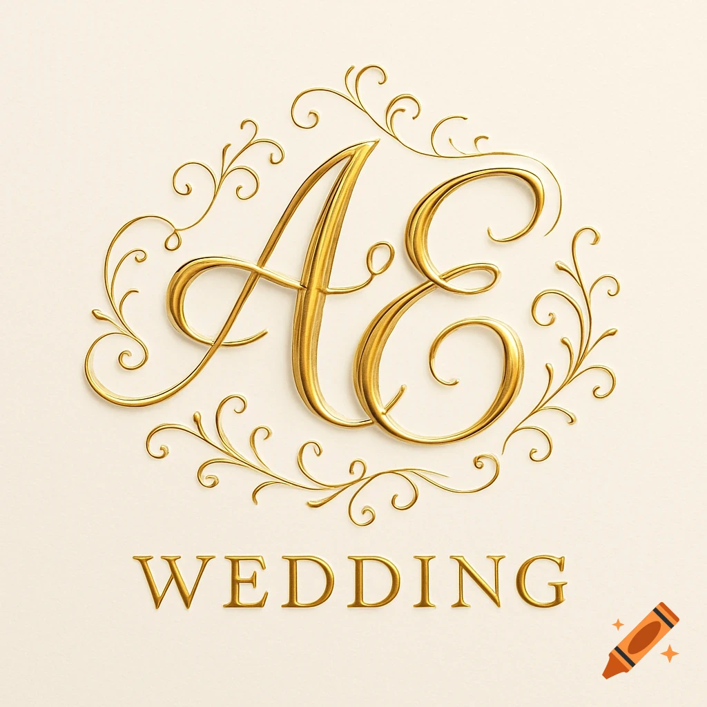 Golden AE monogram wedding logo with ornate swirling details on a cream background.