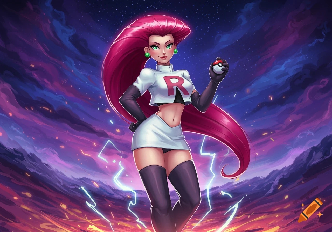 Stylized illustration of Jessie from Team Rocket holding a Poke Ball against a dramatic purple and blue sky with lightning.