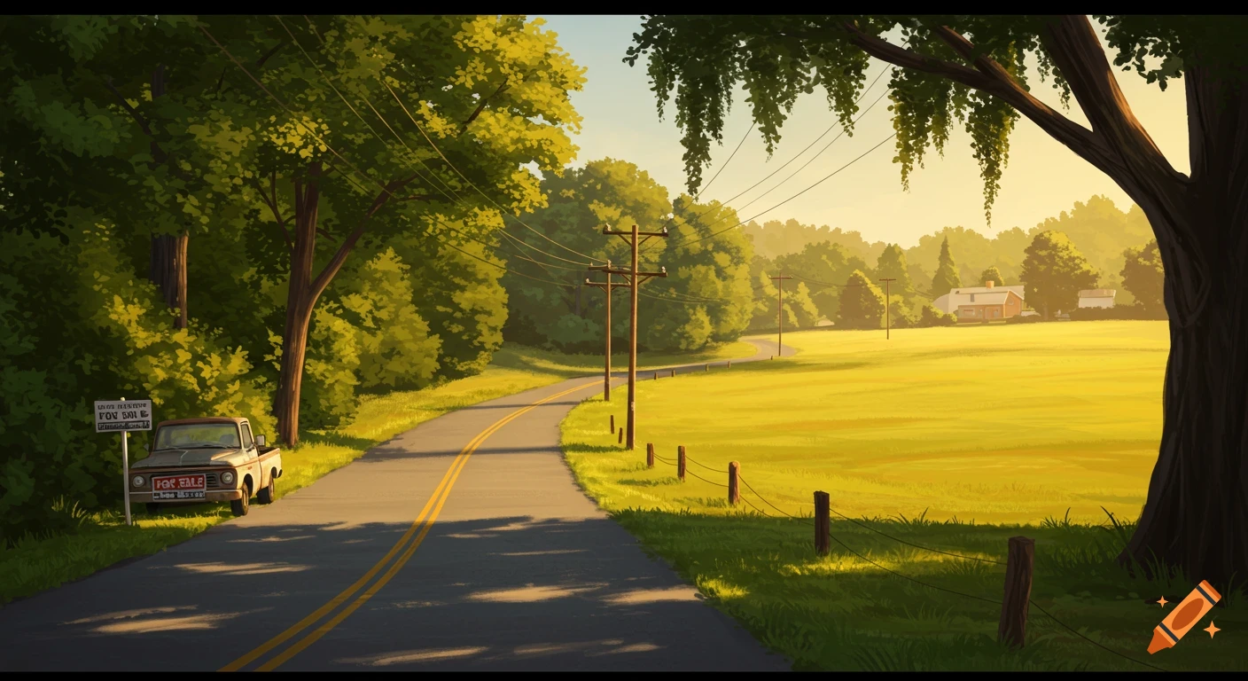 A scenic winding country road with a vintage white pickup truck parked on the side next to a for sale sign, surrounded by green fields and trees under a warm sunset, in a painting style.