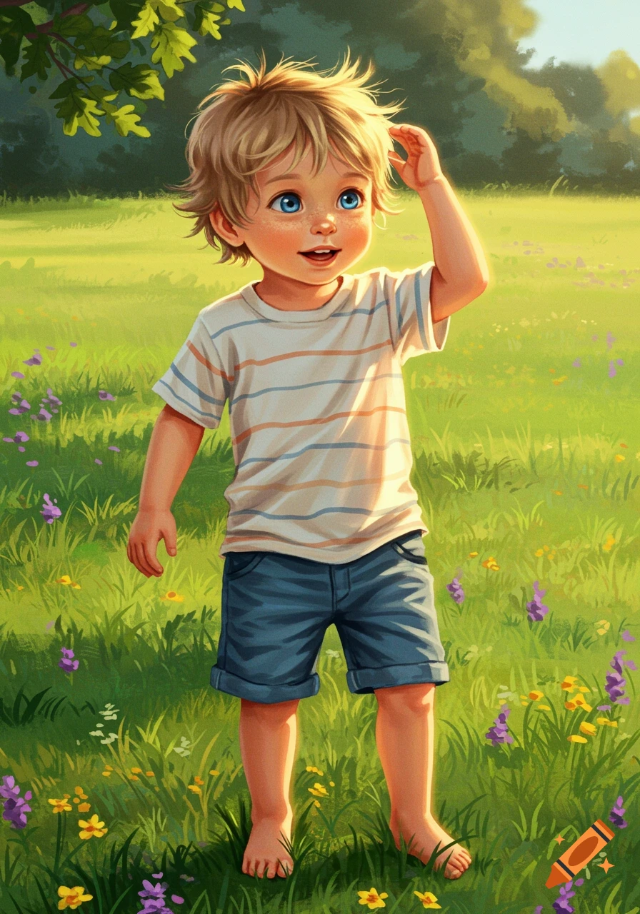 An illustrative portrait of a young boy with blond hair and blue eyes, smiling and standing barefoot in a sunny green field with wildflowers.