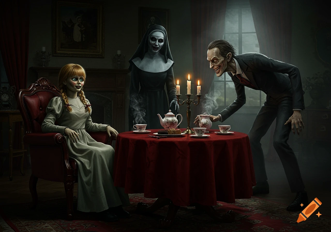 Annabelle the doll, Valak the nun, and the Crooked Man having tea in a dimly lit, eerie room.