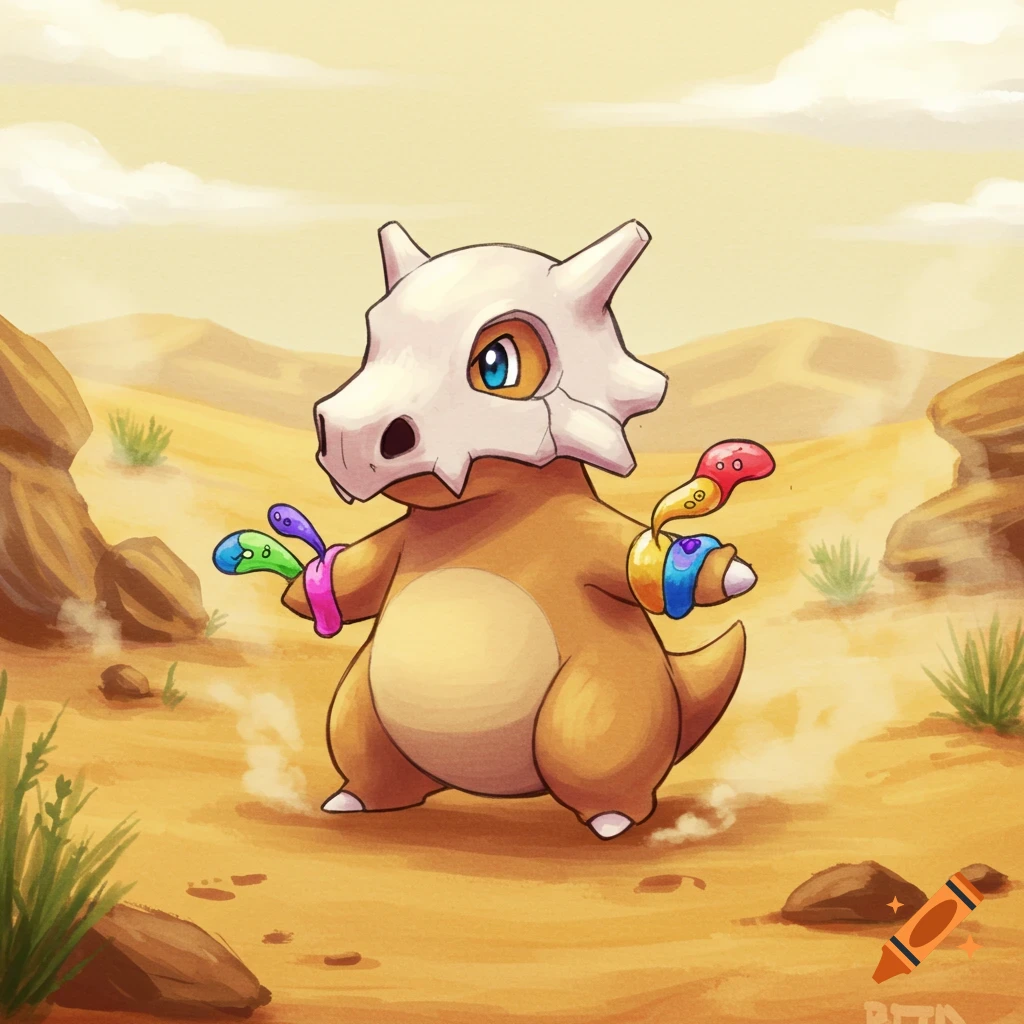 A cartoon Cubone Pokemon stands in a sandy desert with colorful armbands.