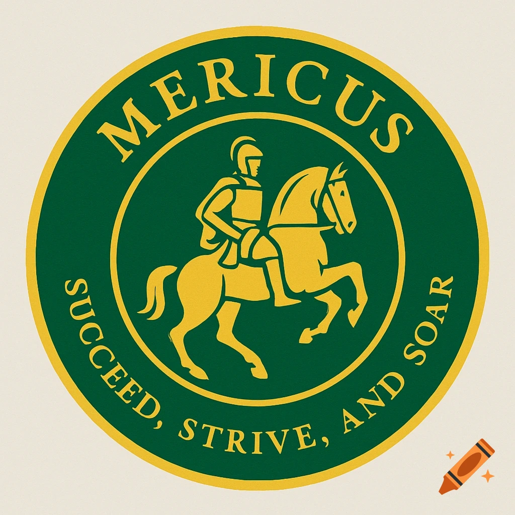 Circular green and gold school logo with 'MERICUS' at top, 'SUCCEED, STRIVE, AND SOAR' at bottom, and a soldier on a horse in the center.