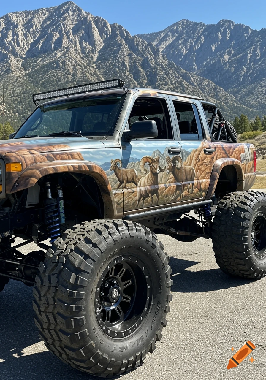 A custom off-road vehicle with big tires, featuring a bighorn sheep mural, parked in front of mountains on a sunny day.