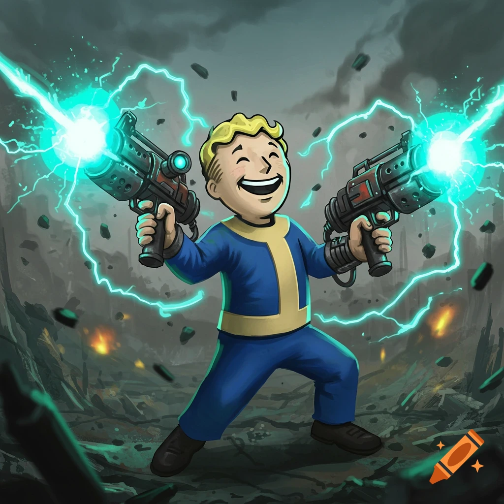 Vault Boy from Fallout happily holding two energy weapons firing blue electricity, standing in a destroyed landscape.