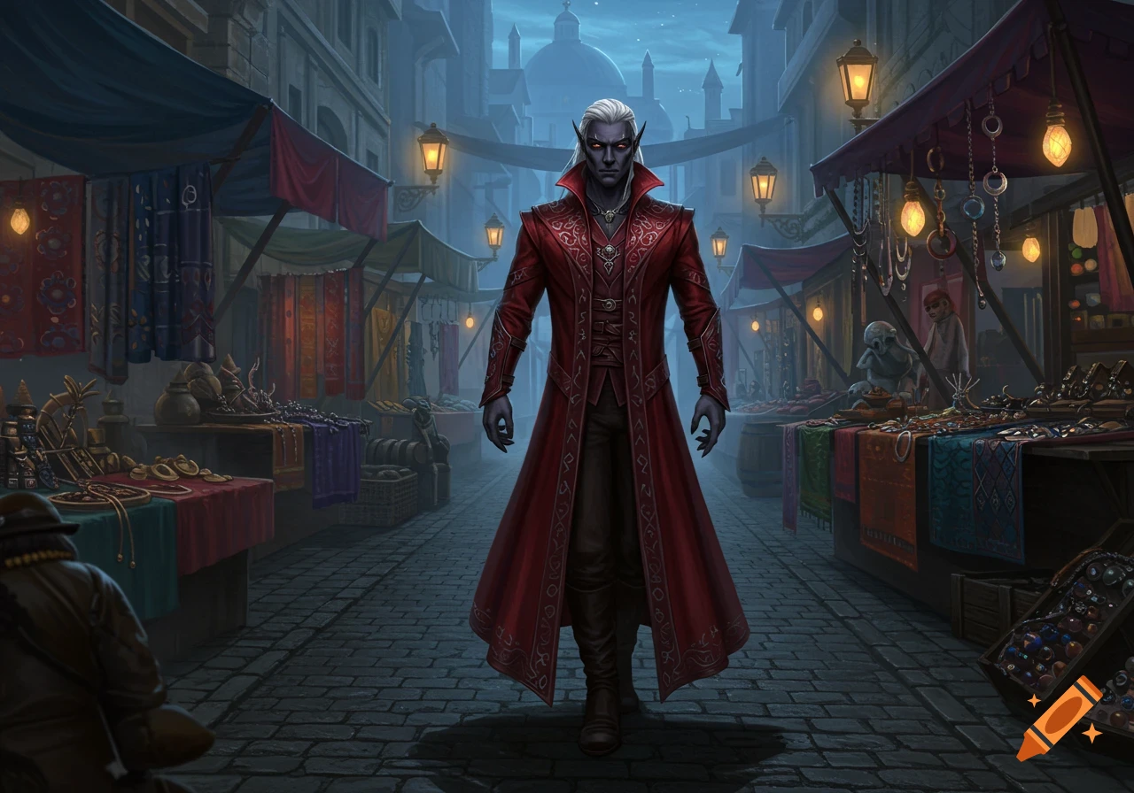 A dark elf in a long red coat stands prominently in a bustling, lantern-lit fantasy market at dusk.