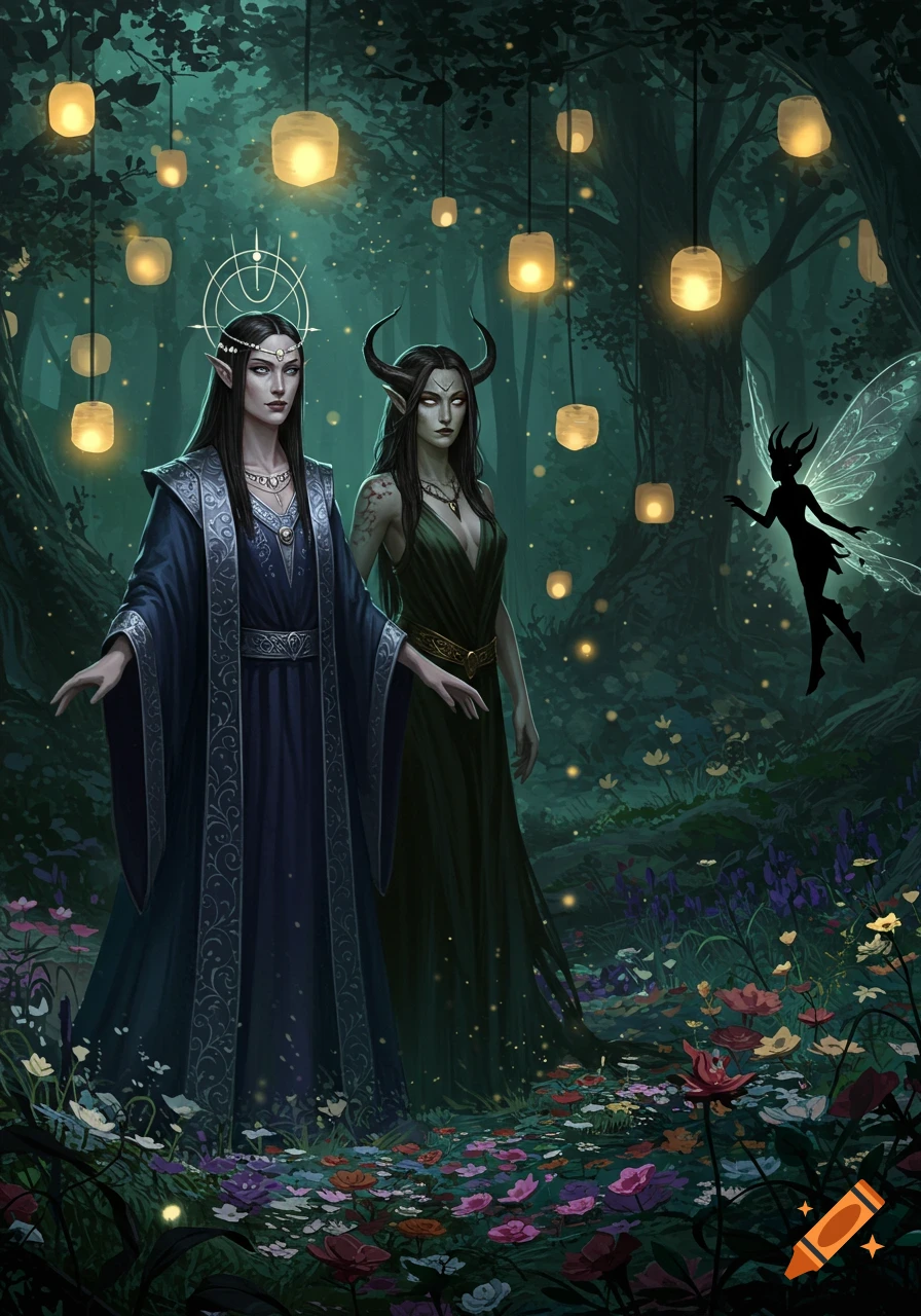 Two mysterious women and a shadow fairy stand in a magical, dark forest lit by glowing lanterns and scattered light.