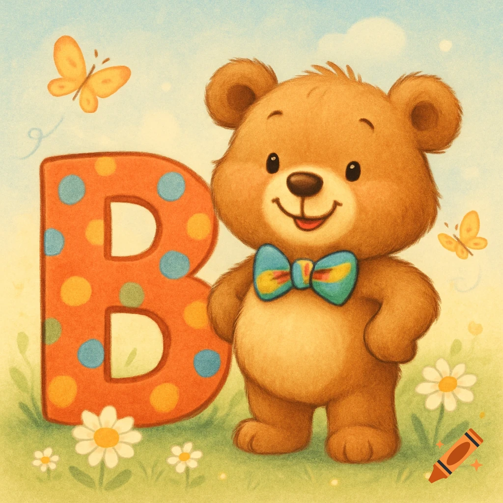 A cute brown cartoon bear stands next to a large orange letter B with polka dots, surrounded by butterflies and daisies in a sunny field.