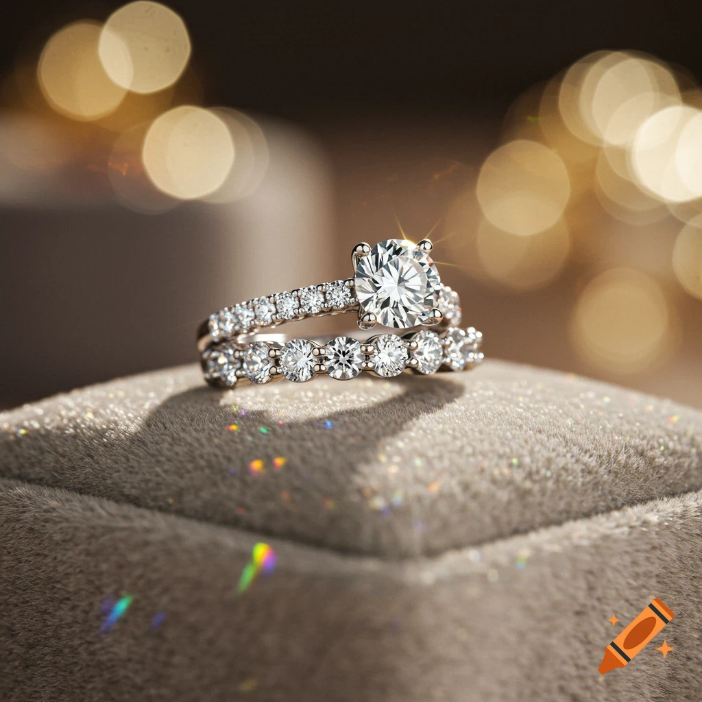A sparkling diamond engagement ring set on a velvet cushion with bokeh lights in the background.