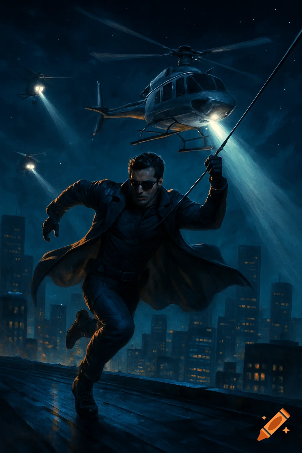 A man in a trench coat runs across a city rooftop at night, holding a cable, as helicopters illuminate him with spotlights.