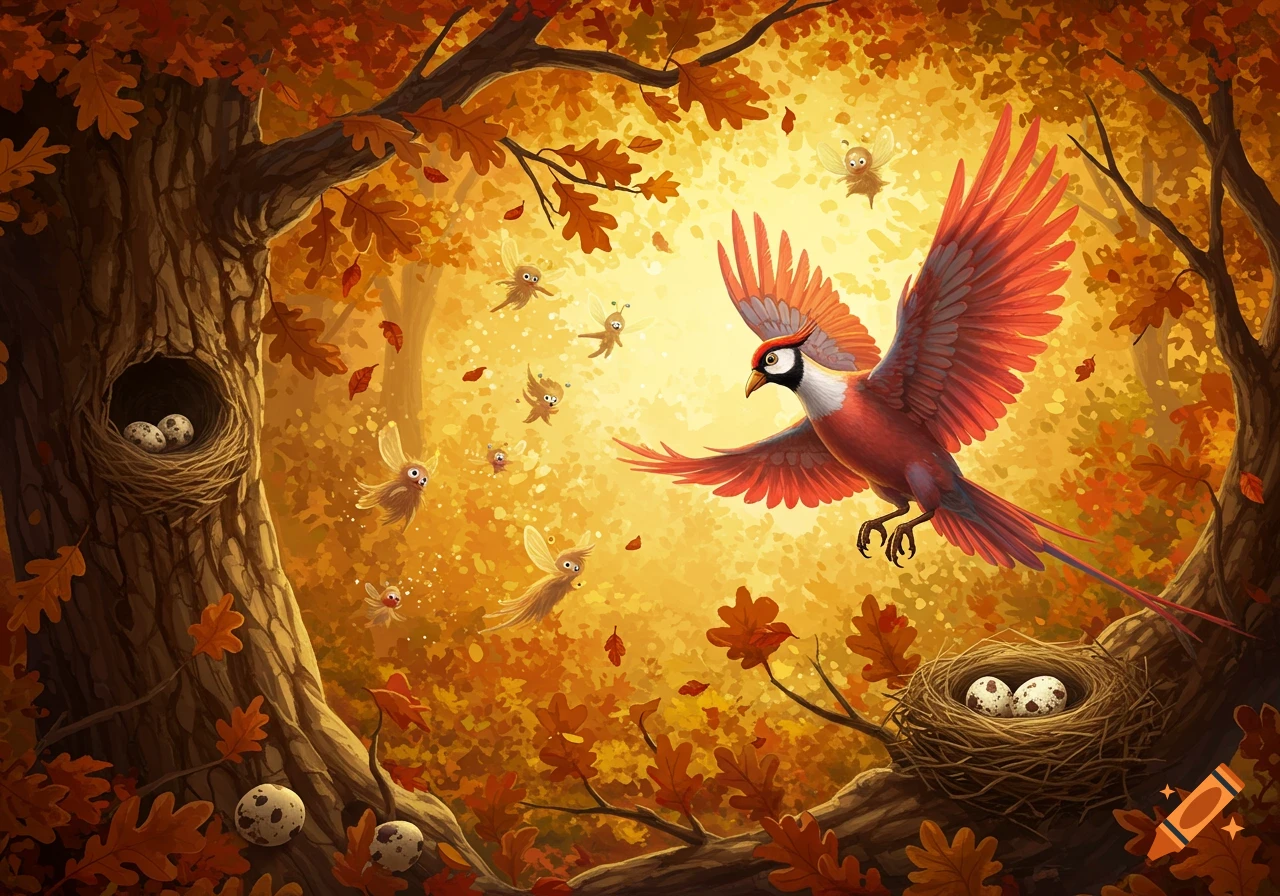 A vibrant red bird flies through an autumn forest with nests, speckled eggs, and whimsical fairy-like creatures.