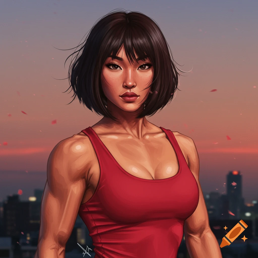 An illustration of a muscular Asian woman with short dark hair in a red tank top, looking directly at the viewer with a city skyline at sunset in the background.