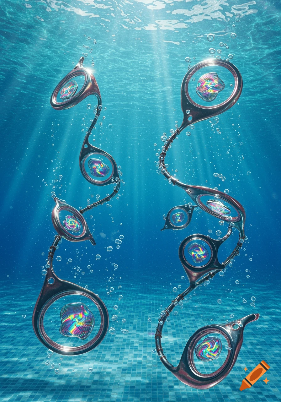 Abstract metallic widgets with colorful centers float in clear blue water with bubbles and light rays.