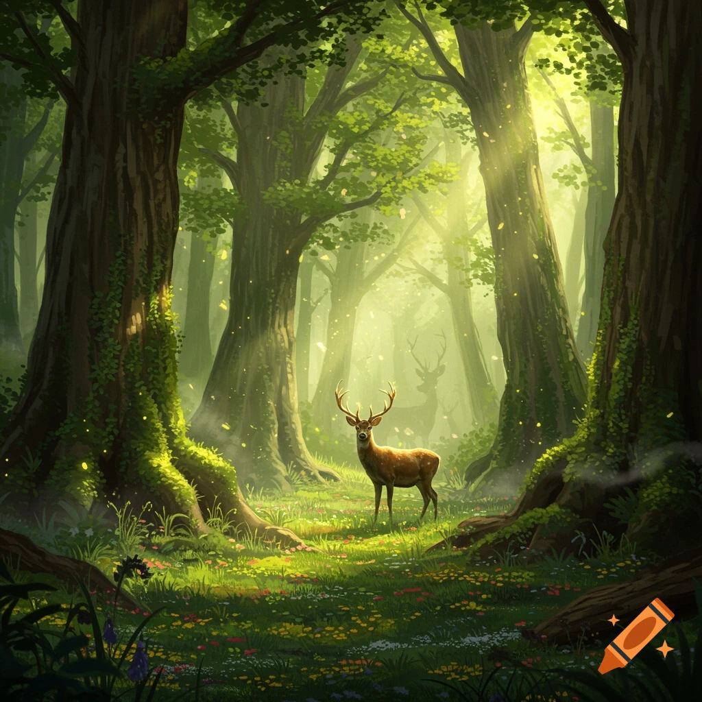 A majestic deer stands in a sunlit forest clearing amidst wildflowers, with light beams filtering through the trees. Ethereal illustration.