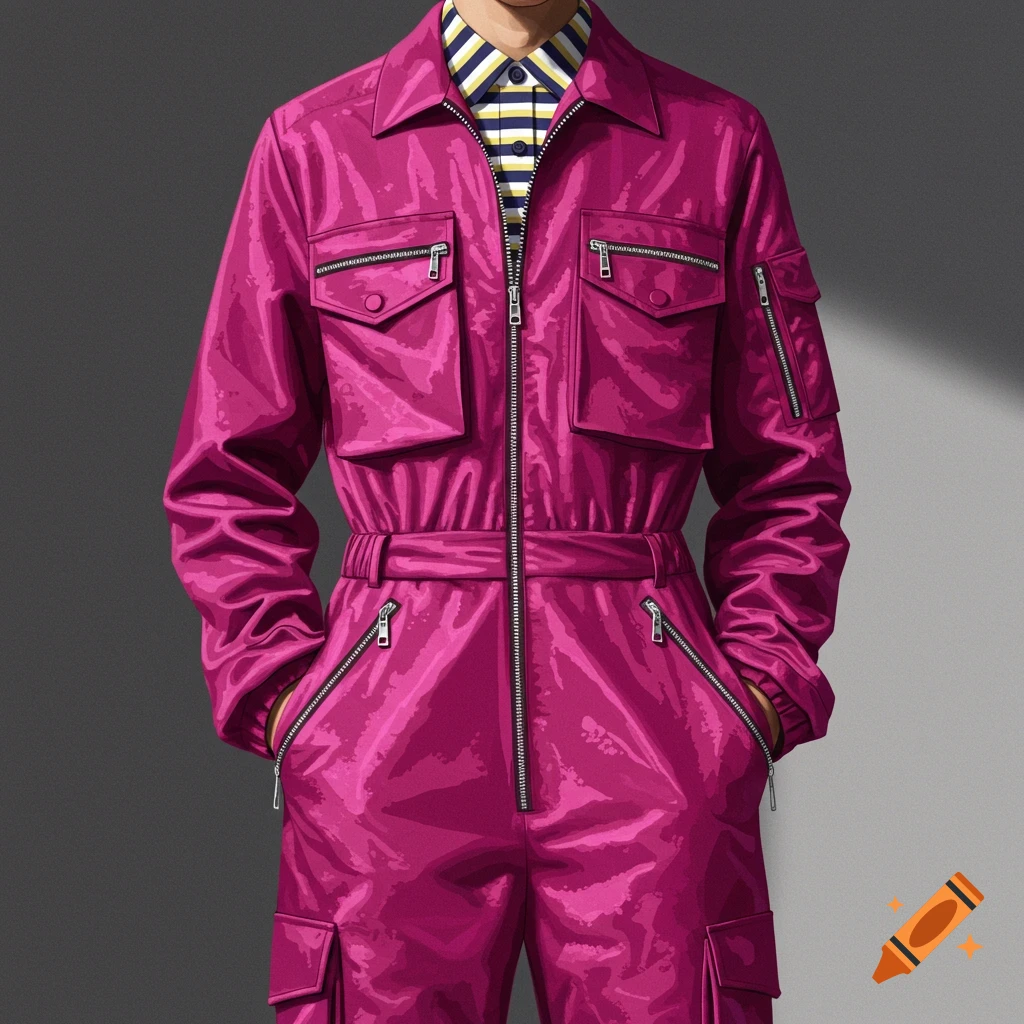 An illustration of a person wearing a vibrant magenta jumpsuit with multiple zippers and a striped collared shirt underneath.