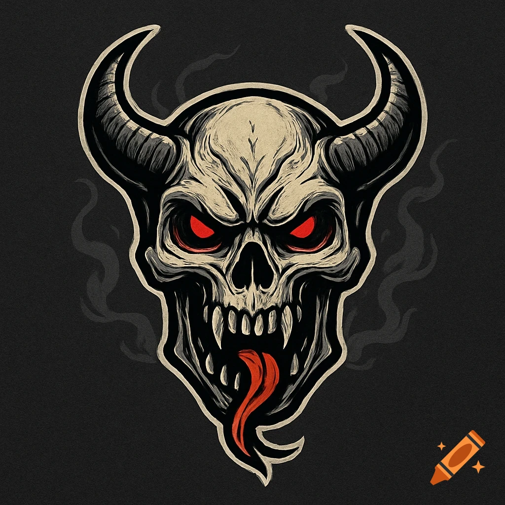 A stylized logo of a skeletal demon head with large horns, glowing red eyes, sharp teeth, and a long, forked red tongue, set against a dark background with wisps of smoke.