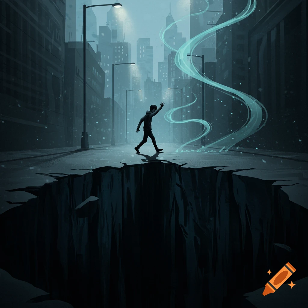 An illustrated figure stands at the edge of a deep abyss in a dark, snowy city, with glowing blue energy swirling.