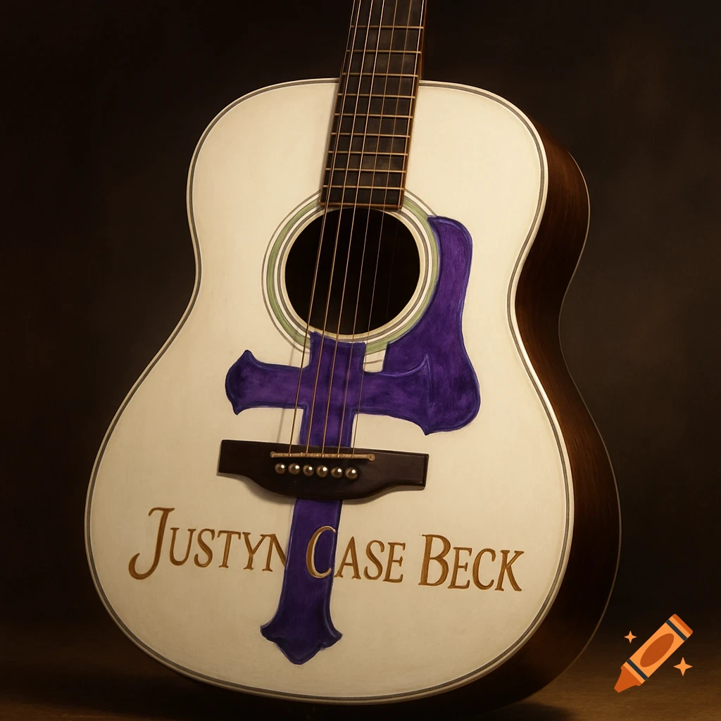 A white acoustic guitar with a purple symbol below the sound hole and "Justyn Case Beck" in gold letters on the body.