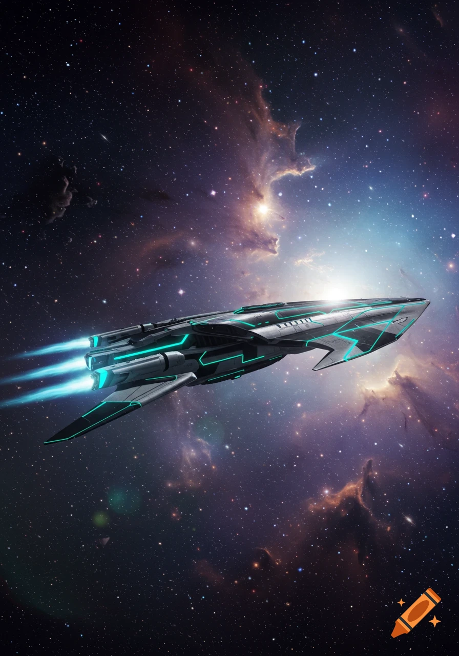 A sleek, futuristic spaceship with glowing blue thrusters flies through a vibrant, star-filled nebula in outer space.