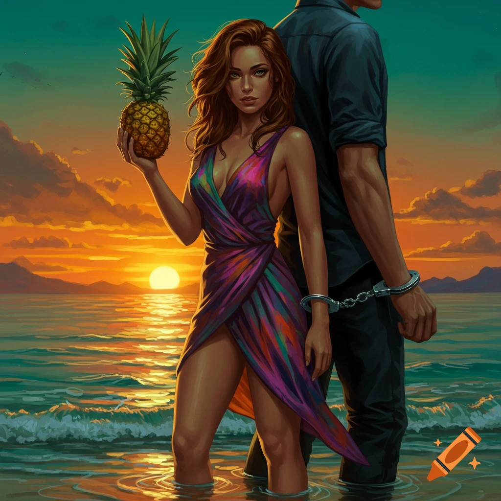 A woman in a colorful dress holding a pineapple stands in the ocean at sunset next to a man in handcuffs.