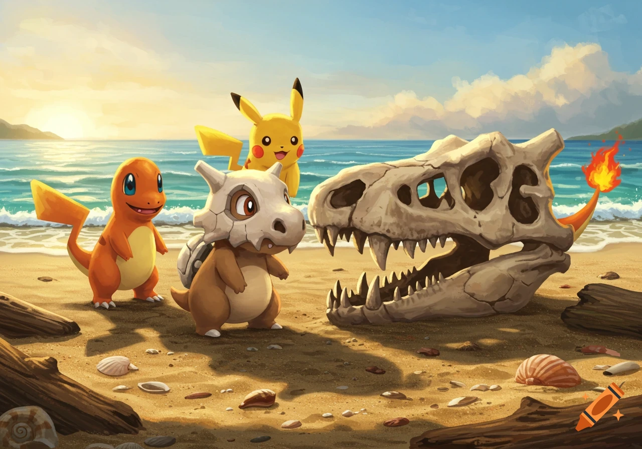 An illustration of Cubone, Pikachu, and Charmander on a beach at sunset, with Cubone investigating a large dinosaur skull.