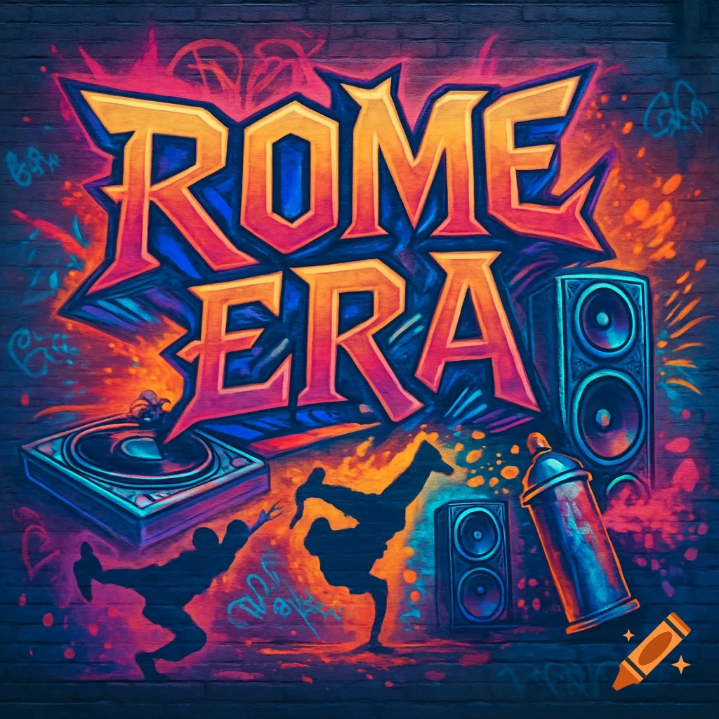 A vibrant, neon graffiti mural on a brick wall featuring the text 'ROME ERA' with breakdancers, a turntable, speakers, and a spray can.