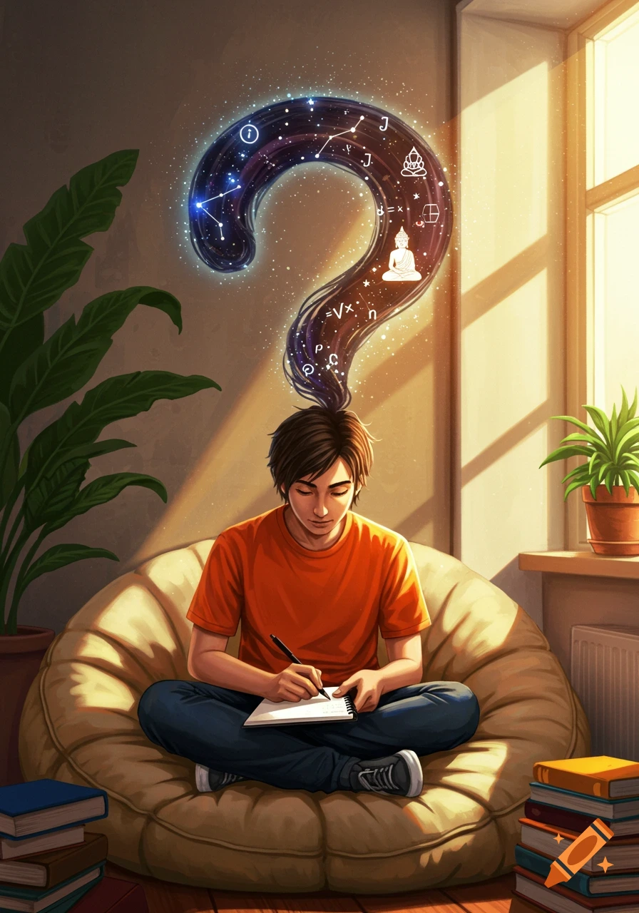 A young man sits cross-legged on a futon, writing in a notebook. Above his head, his hair forms a glowing question mark filled with mathematical symbols, constellations, and a Buddha icon. Sunlight streams through a window.