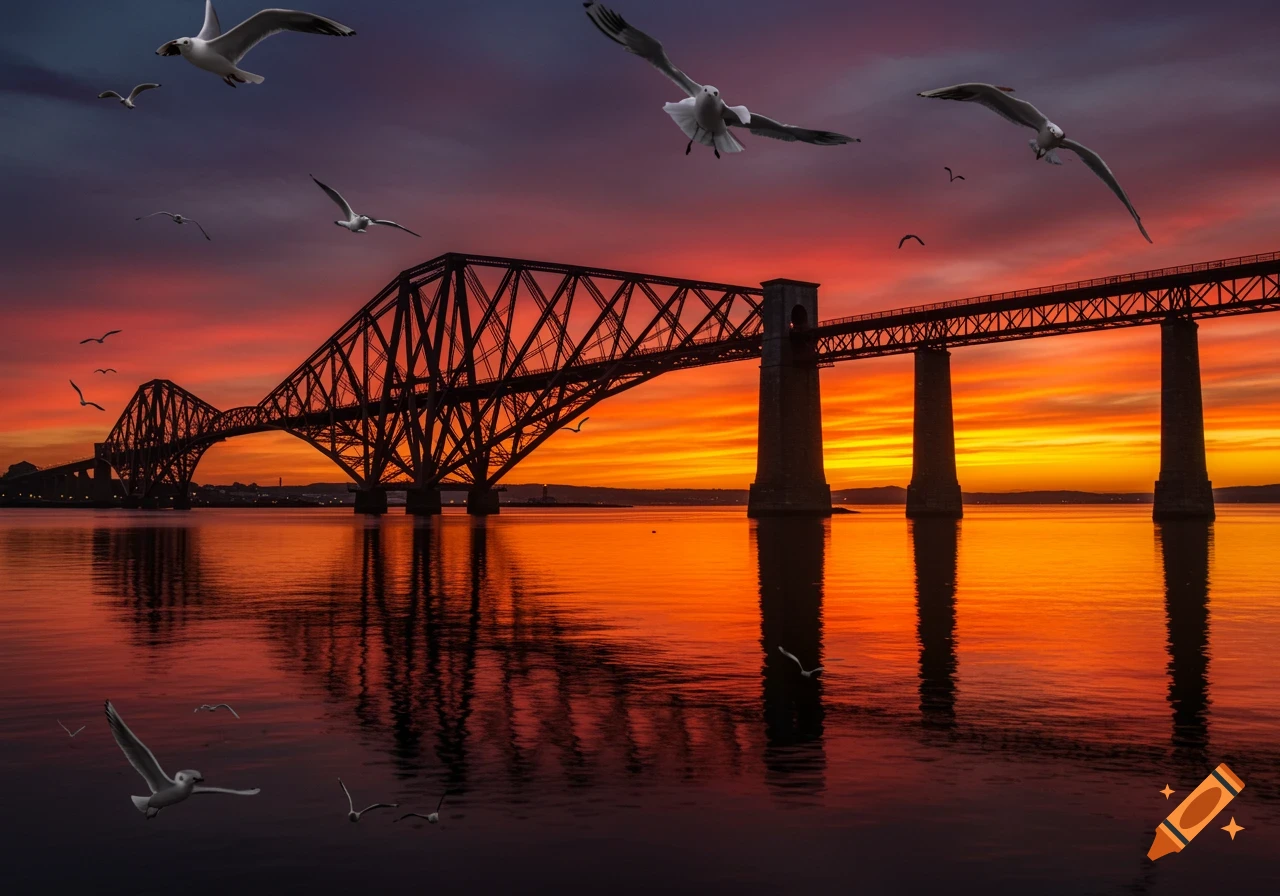 Photorealistic image of the Forth Rail Bridge silhouetted against a vibrant orange and purple sunset sky with seagulls flying.