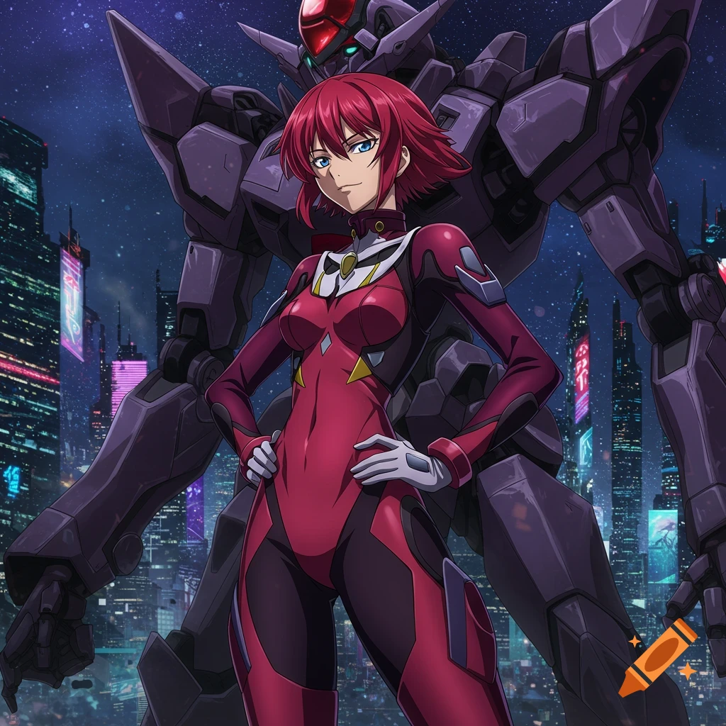 Anime character with red hair in a red pilot suit stands before a large dark mech in a futuristic city at night.