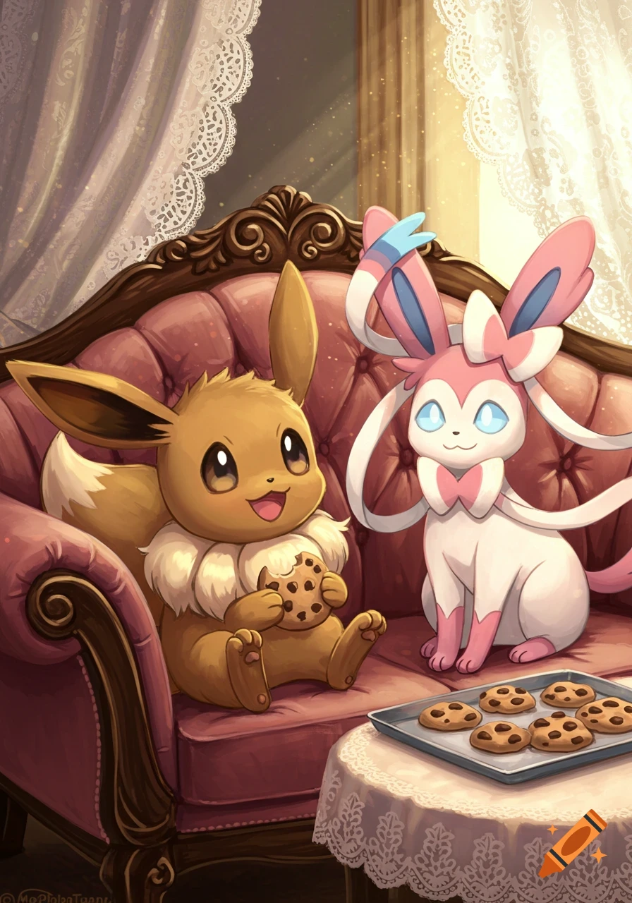 Little Eevee on a plush pink couch, happily eating a cookie, next to Sylveon. A tray of cookies is on a nearby table. Anime style.