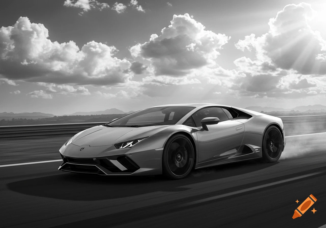 A sleek Lamborghini Huracan drives fast on a race track under a cloudy sky in a black and white photorealistic style.