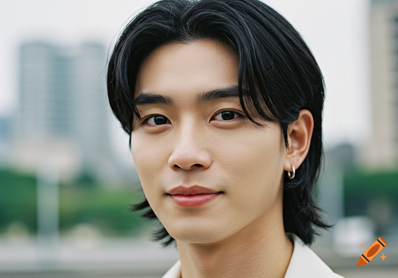 Close-up portrait of a handsome Asian man with dark hair looking forward.