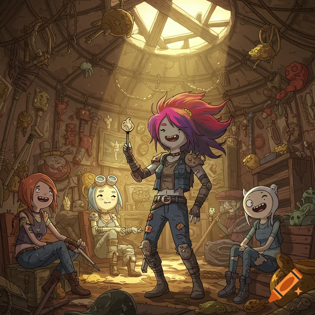 An Adventure Time-style illustration of a raider girl with pink hair holding a torch, surrounded by three friends in a cluttered post-apocalyptic base.