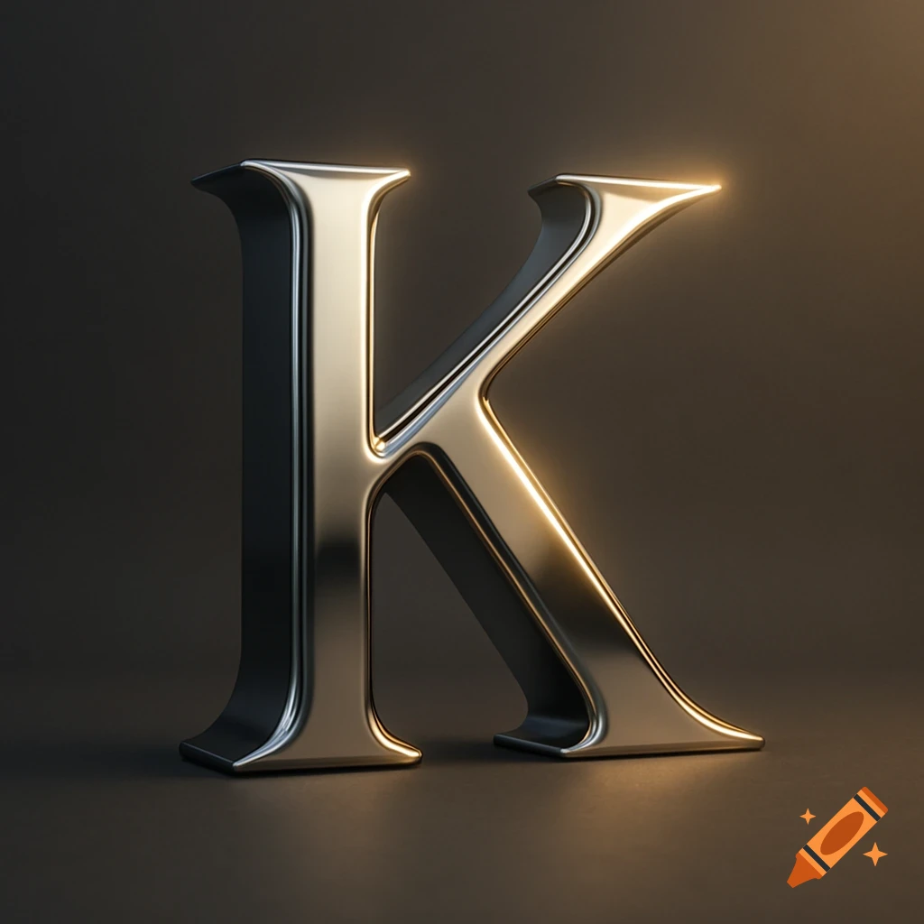 A shiny metallic 3D letter K with glowing edges on a dark background.