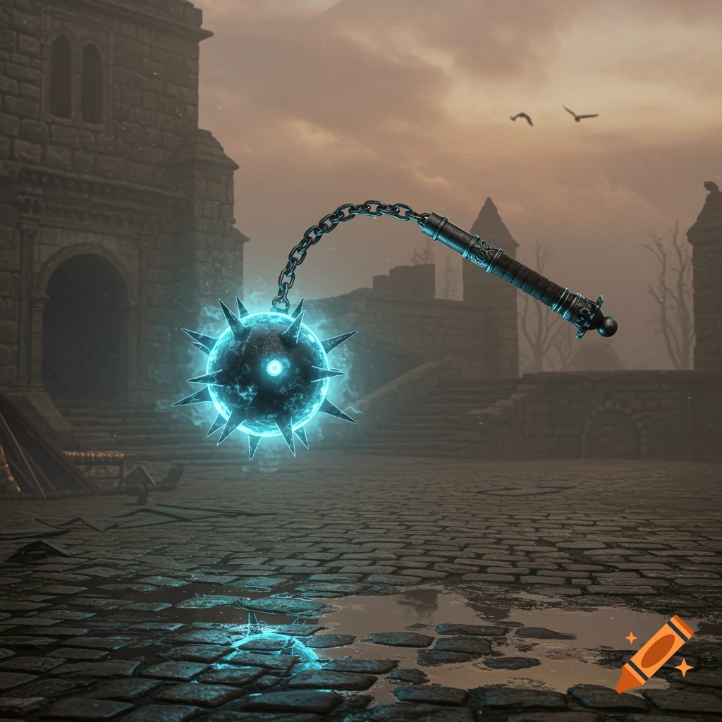 A glowing blue spiked flail floats in a misty, ruined medieval courtyard with wet cobblestones.
