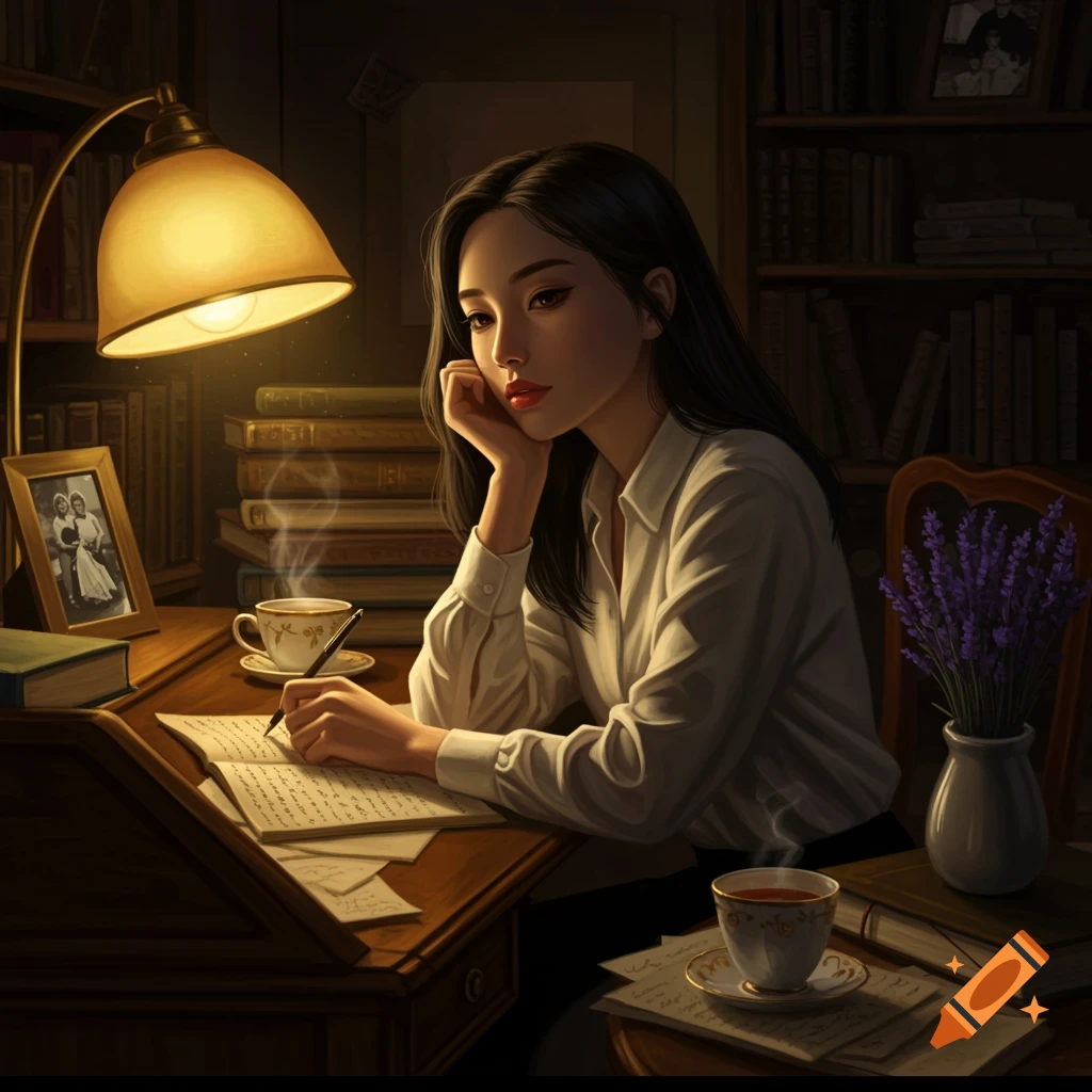 An illustration of a woman with long dark hair, in a white shirt, writing at a wooden desk under the warm glow of a desk lamp, surrounded by books and teacups.