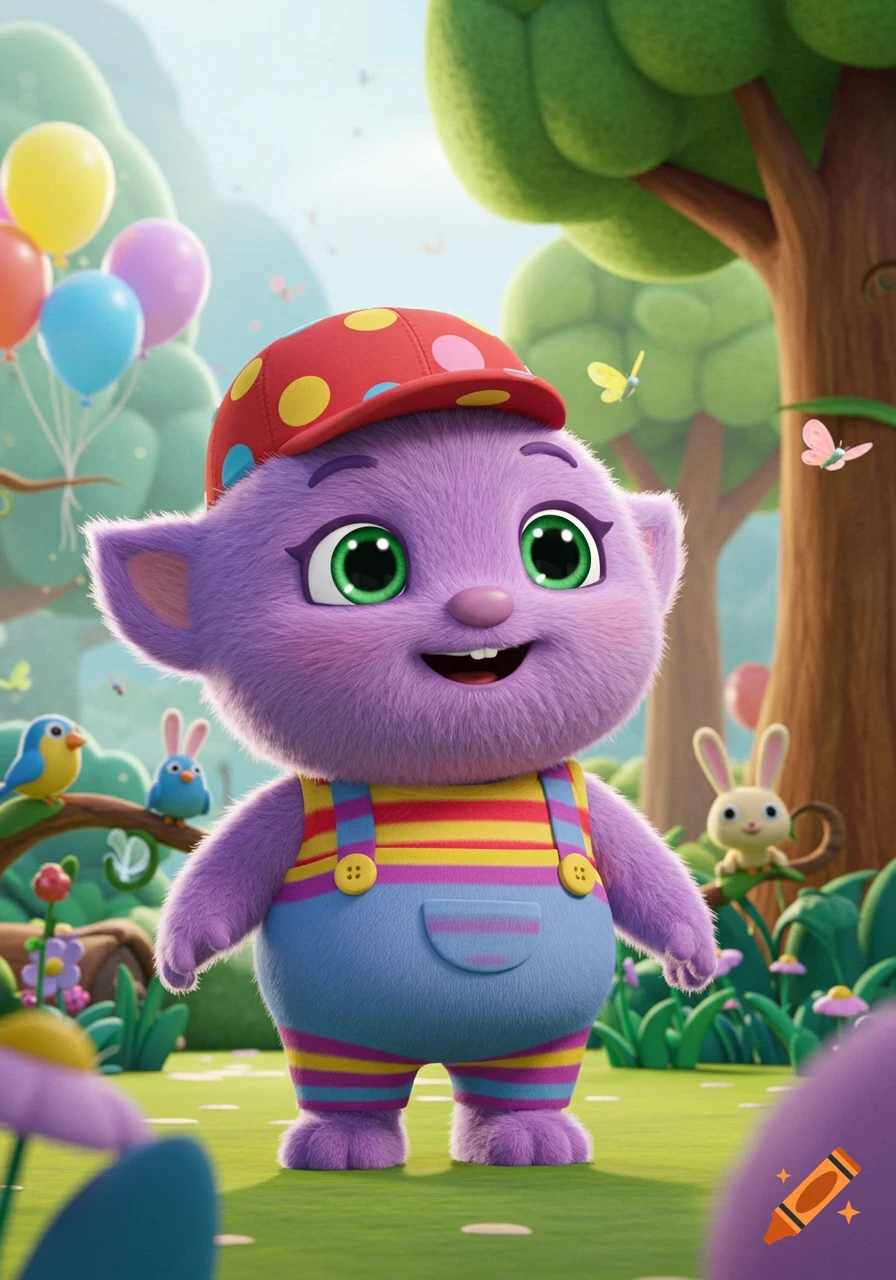 A cute, furry purple cartoon character wearing a red polka-dot hat and striped overalls stands in a vibrant green field with balloons and forest animals.