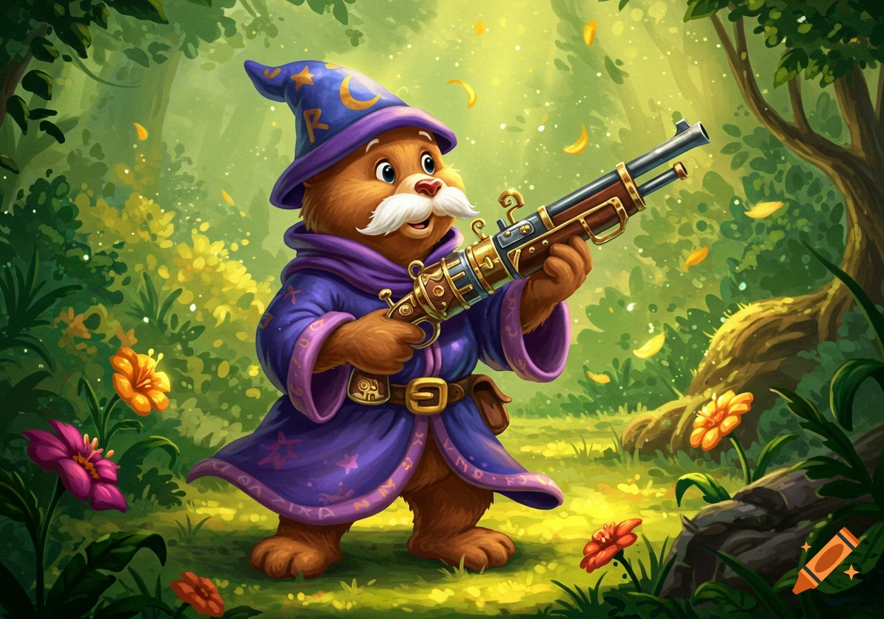 A cartoon bear wizard in a purple robe and hat holds a rifle in a vibrant forest.